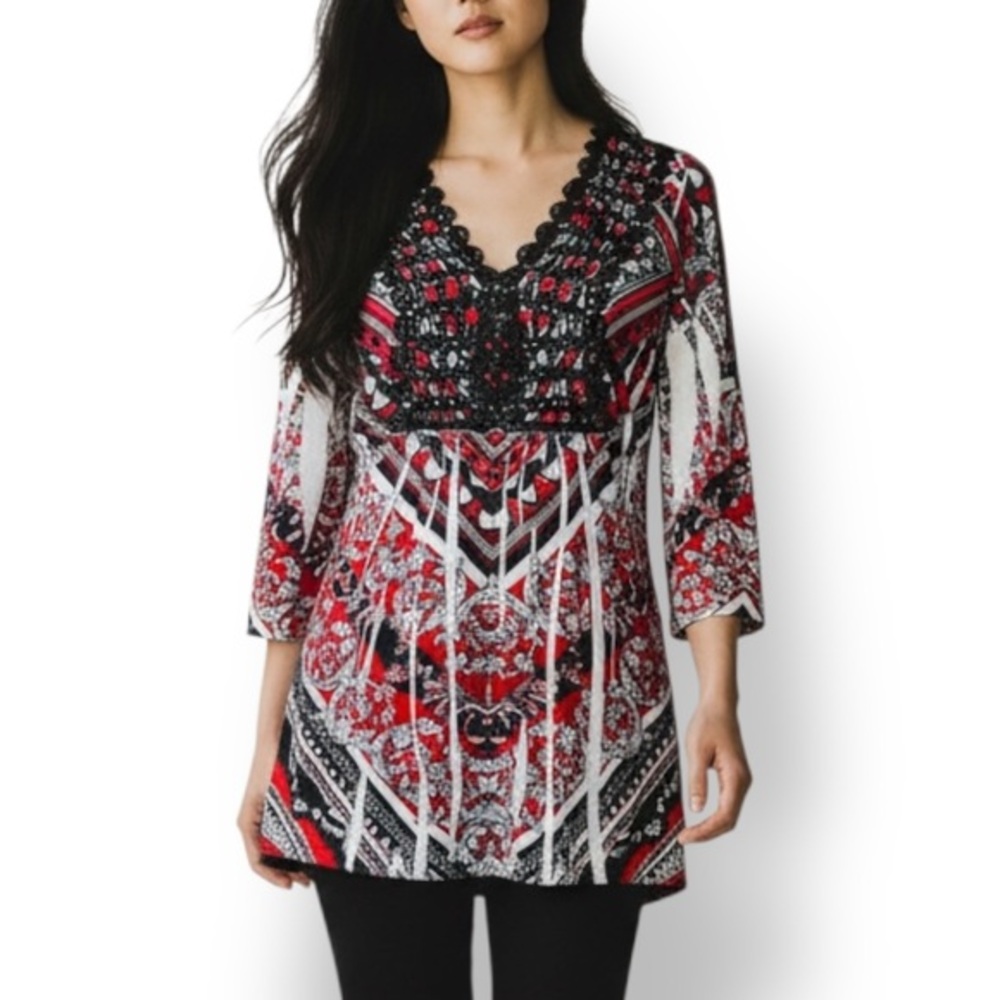 4/$20 One World Embellished Crochet Lace Boho Tunic Top Red Black White Size S